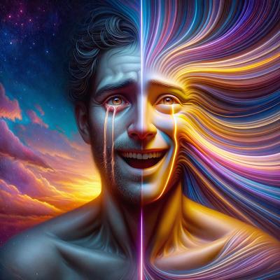 The primary subject of the image is a man with a tear in his eye, smiling and laughing. The setting is a colorful, abstract background that adds a vibrant and lively atmosphere to the scene. The visual style is a combination of digital art and illustration, creating a unique and artistic representation of the man's emotions. The colors and mood of the image are predominantly bright and cheerful, with the man's smile and laughter being the central focus of the scene.